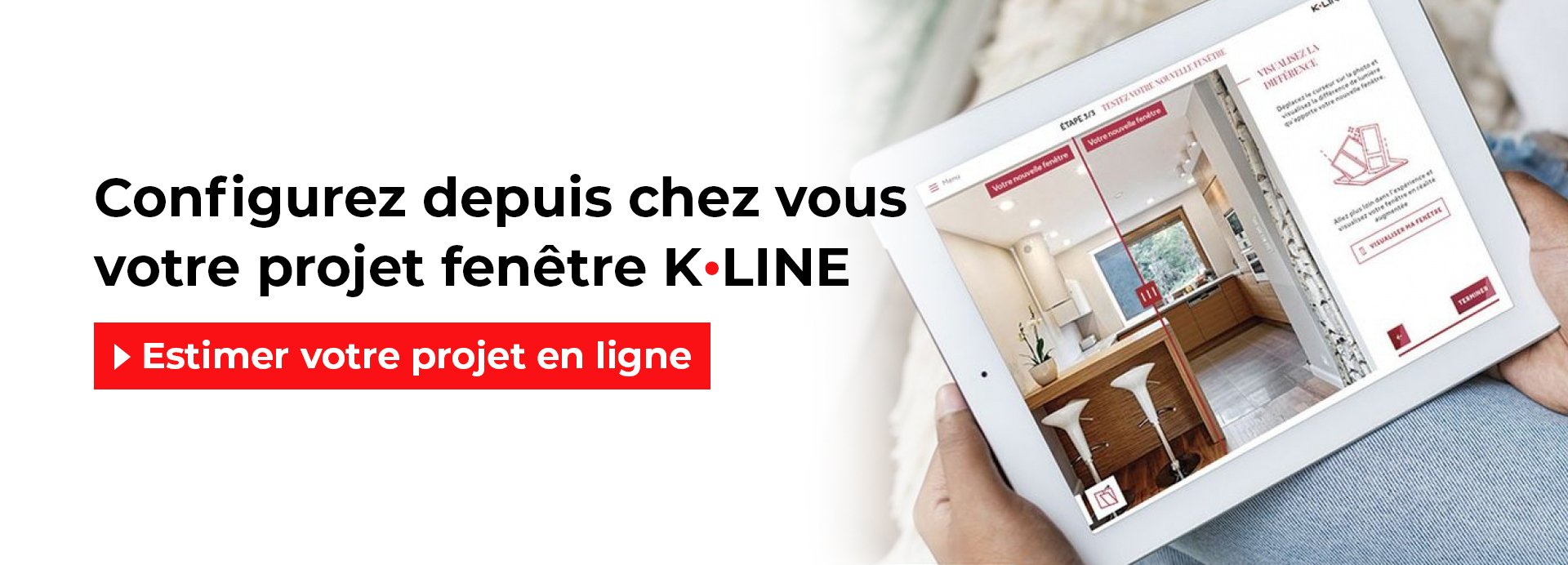 Personne tenant entre les mains une tablette avec un aperçu du configurateur projet fenêtre K-LINE